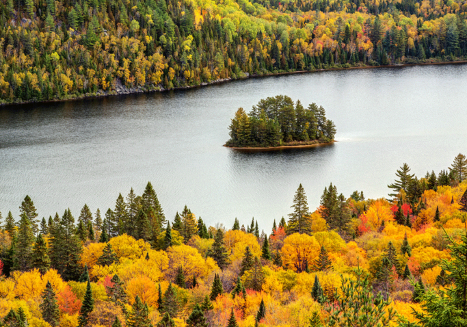 Île dans une rivière avec des forêts des deux côtés d'un plan d'eau. Les arbres changent de couleur à l'automne.